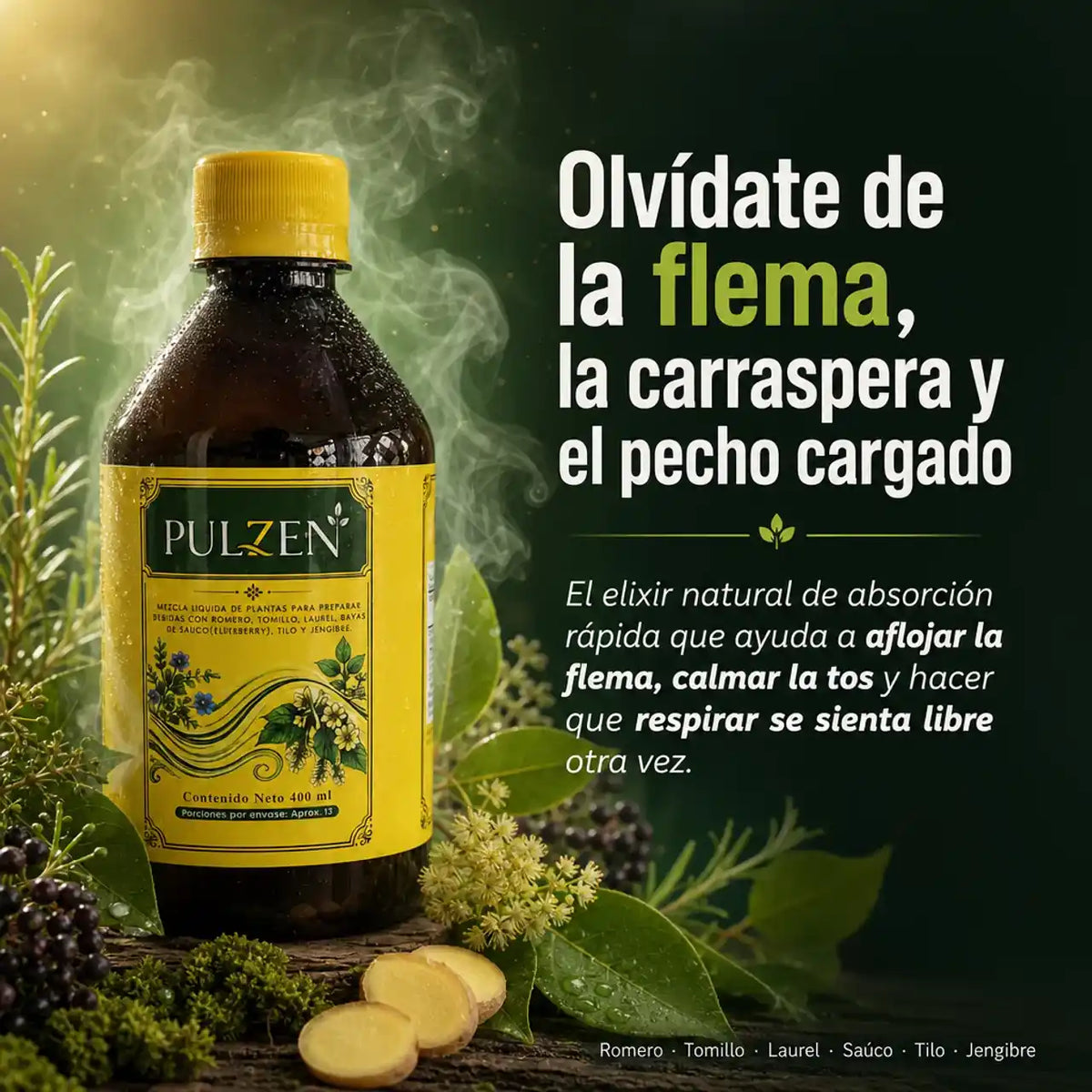 Pulzen - un jarabe natural para la tos y para ayudar a respirar mejor, hecho a base de plantas.